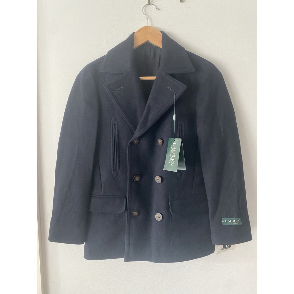 NWT Ralph Lauren Peacoat Kids 10R Navy Wool Blend Double Breasted Plaid Lined